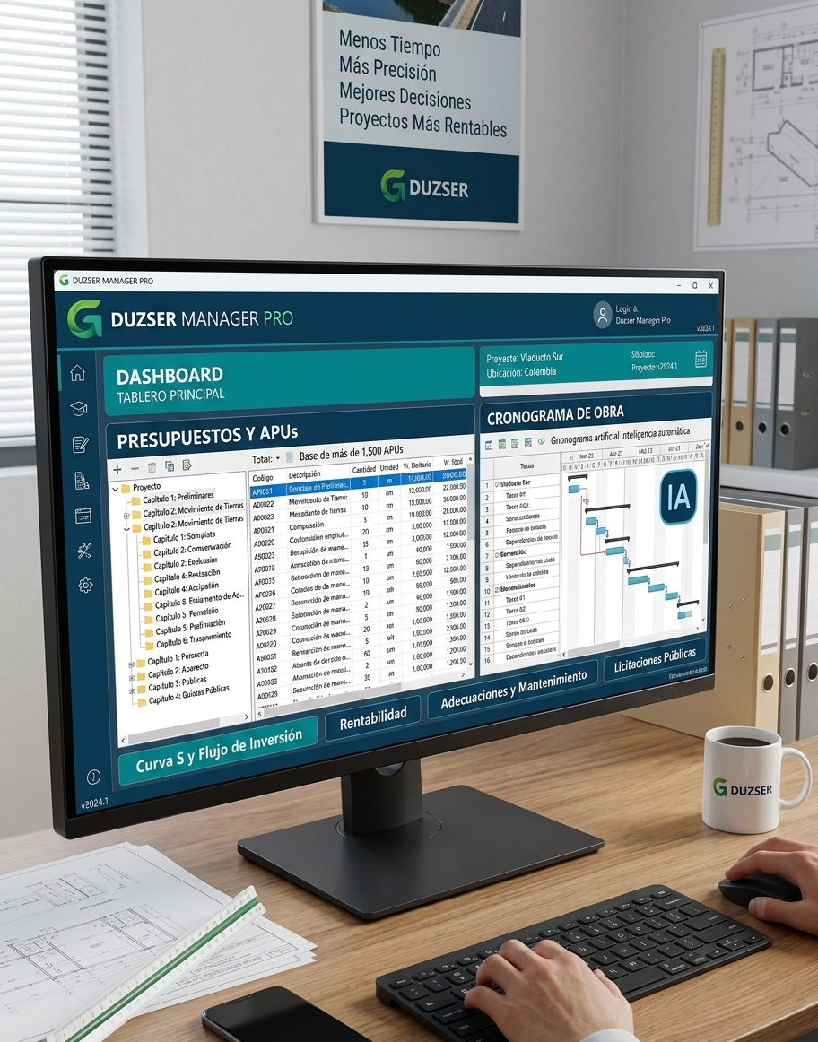 DUZSER Manager Pro: panel de presupuestos, APUs y cronograma de obra